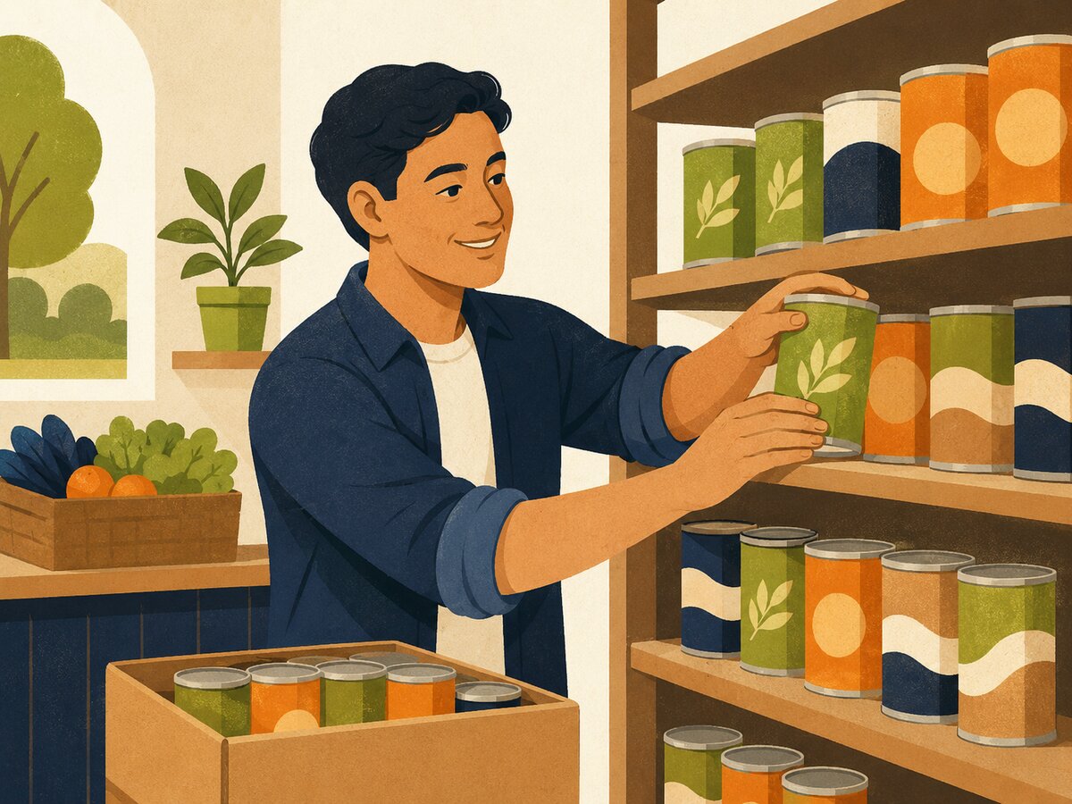 Illustration of a smiling volunteer restocking canned goods onto pantry shelves